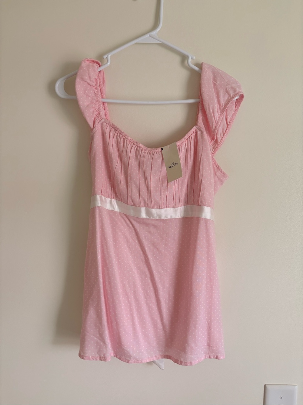 Hollister Pink Dot Babydoll Top with Satin Waistband